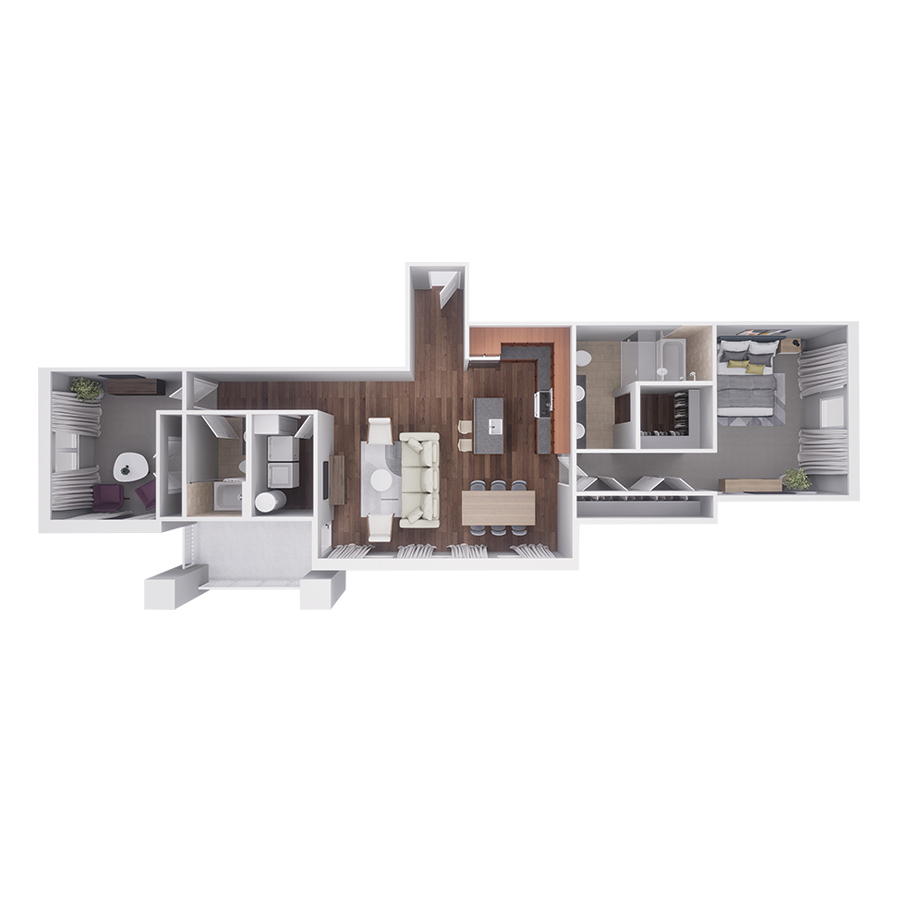 Rendering of the B2 floor plan with 2 bedroom[s] and 2 bathroom[s] at Highlands Lodge