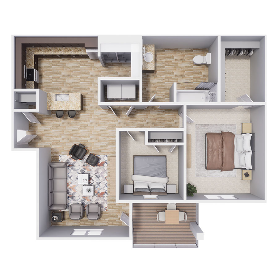 Rendering of the B1 floor plan with 2 bedroom[s] and 1 bathroom[s] at Polaris Peak
