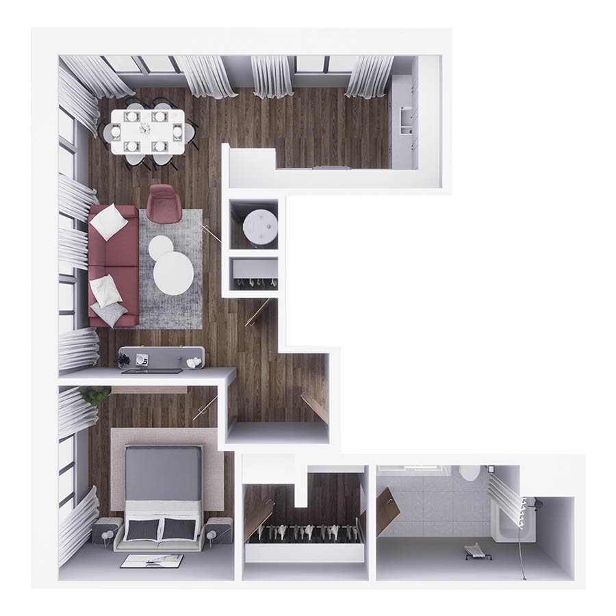 Rendering of the A3 floor plan with 1 bedroom[s] and 1 bathroom[s] at 29x