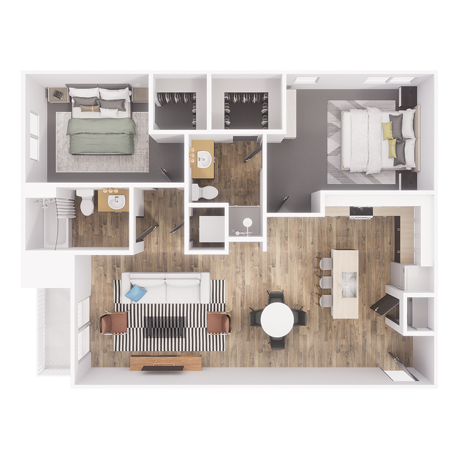 Rendering of the B1 floor plan with 2 bedroom[s] and 2 bathroom[s] at The Overland