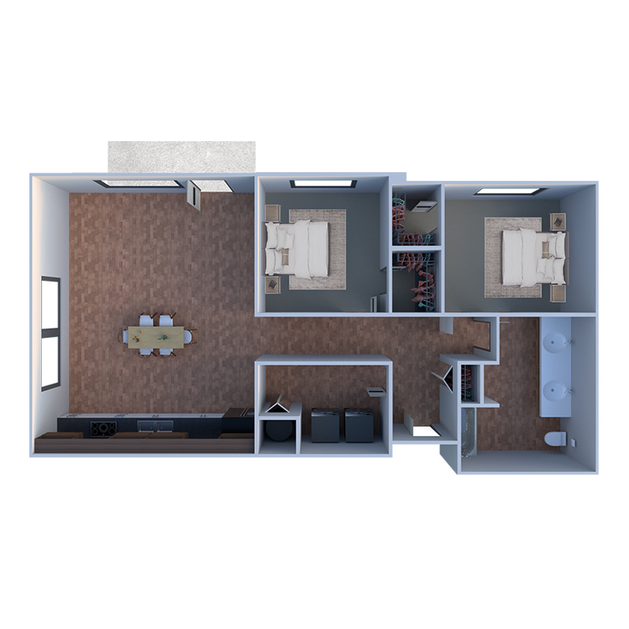Rendering of the B Otto floor plan with 2 bedroom[s] and 1 bathroom[s] at Forum Fitzsimons