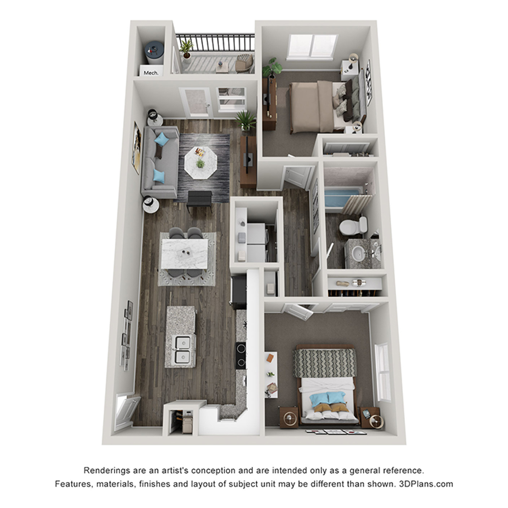Rendering of the B1 floor plan with 2 bedroom[s] and 1 bathroom[s] at The Flats at Aero Park
