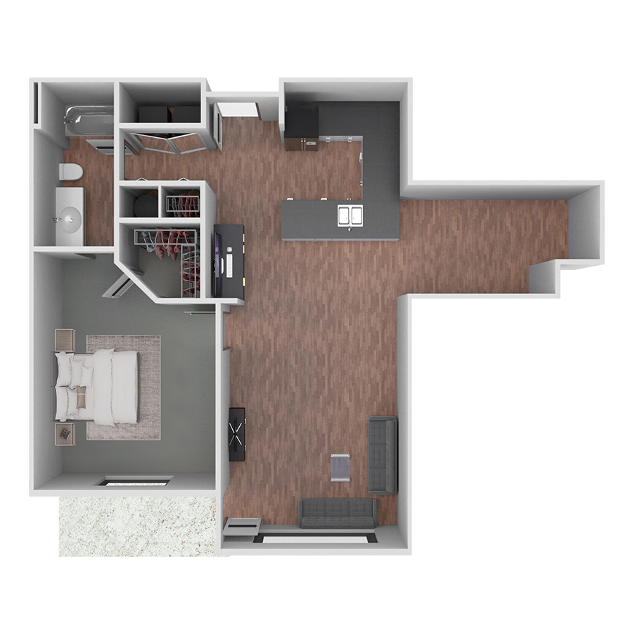 Rendering of the B1 with Den floor plan with 1 bedroom[s] and 1 bathroom[s] at Prairie View at Village West