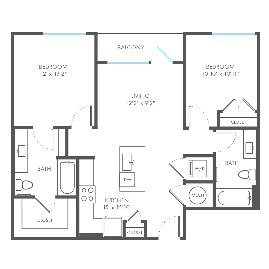 Rendering of the Fauv floor plan with 2 bedroom[s] and 2 bathroom[s] at Arte Kansas City