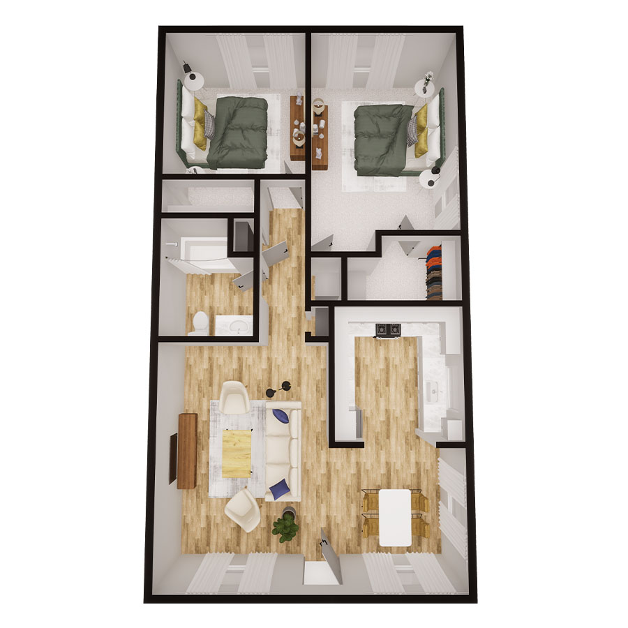 Rendering of the Two Bedroom floor plan with 2 bedroom[s] and 1 bathroom[s] at Overlook at Sunset Point
