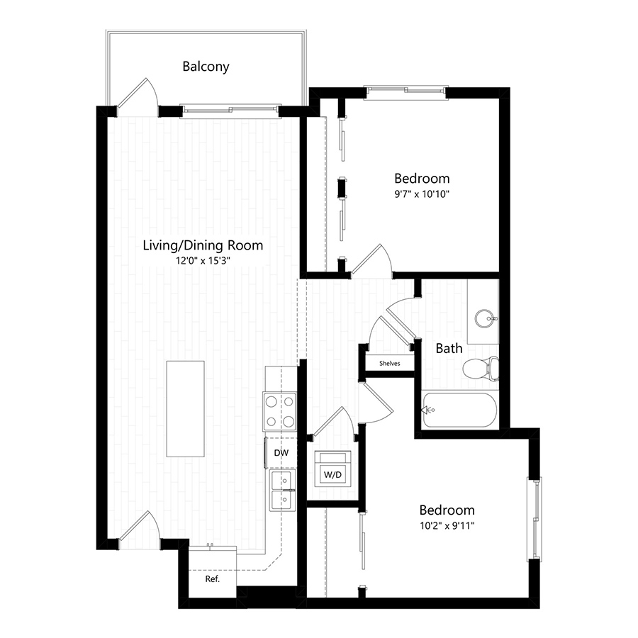 Rendering of the B2 floor plan with 2 bedroom[s] and 1 bathroom[s] at The Preserve at Mesa Creek