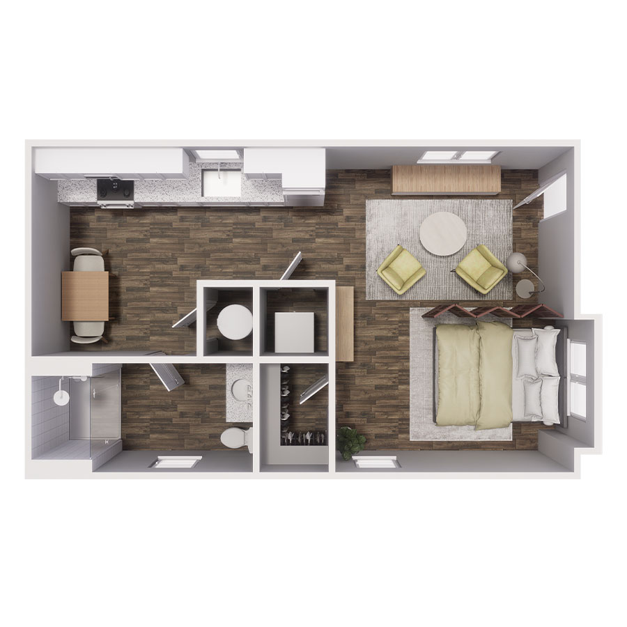 Rendering of the S1 floor plan with a Studio bedroom and 1 bathroom[s] at Cottages at Sand Creek