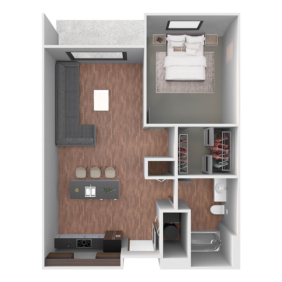 Rendering of the El Dorado floor plan with 1 bedroom[s] and 1 bathroom[s] at Centre Court