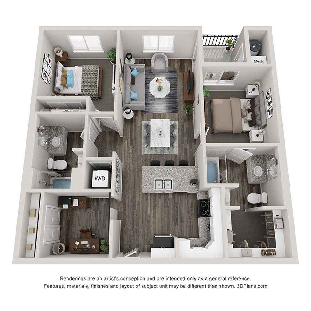 Rendering of the B3 floor plan with 2 bedroom[s] and 2 bathroom[s] at The Flats at Aero Park