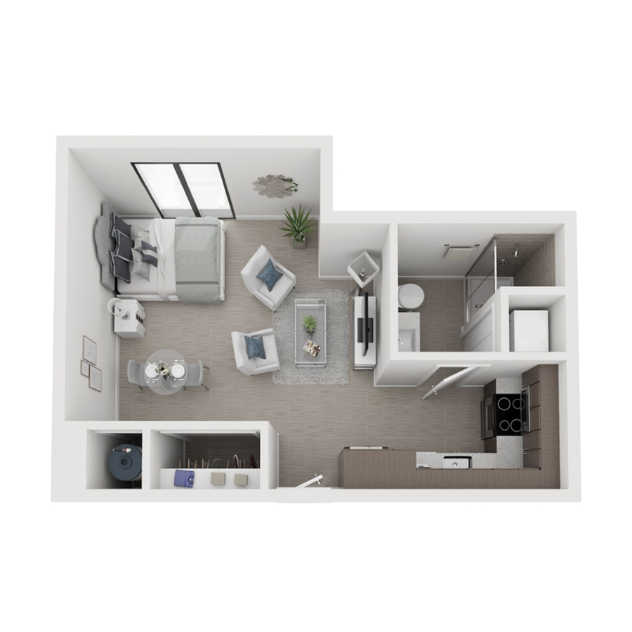 Rendering of the S8 floor plan with a Studio bedroom and 1 bathroom[s] at Arte Grand Central Overtown