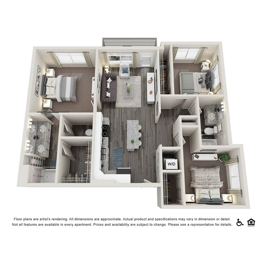 Rendering of the C1 floor plan with 3 bedroom[s] and 2 bathroom[s] at Copper 87