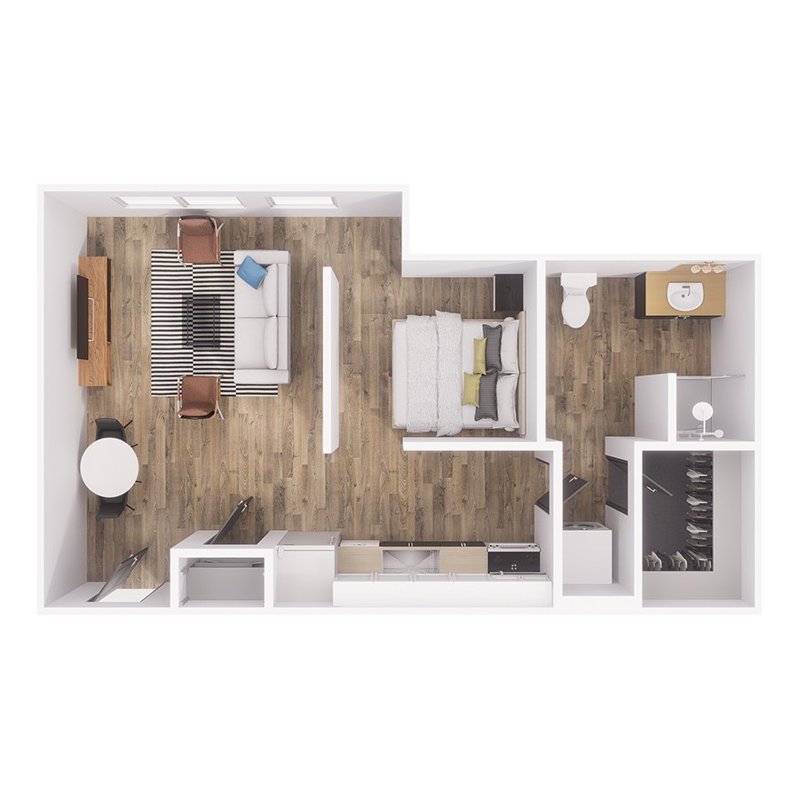Rendering of the S2 floor plan with a Studio bedroom and 1 bathroom[s] at The Overland