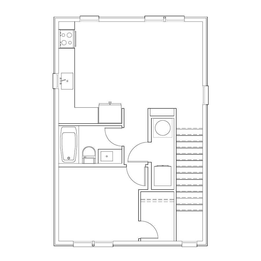 Rendering of the 1x1 - 600 sqft - A2 floor plan with 1 bedroom[s] and 1 bathroom[s] at Cottages at Rampart Park