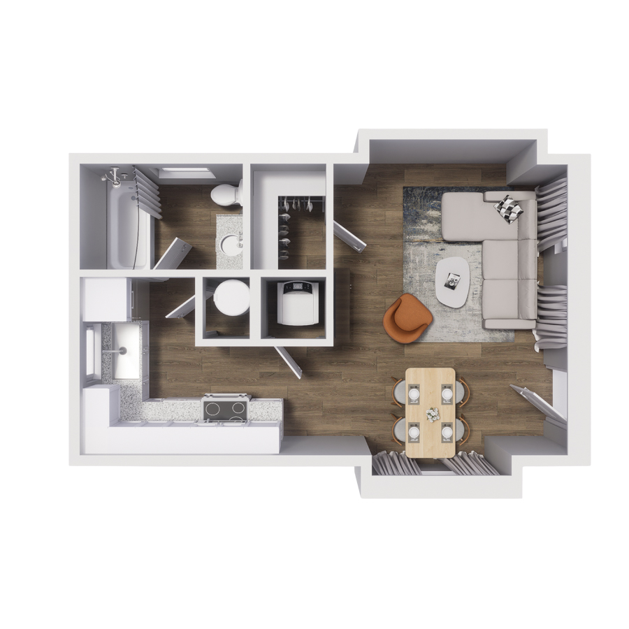 Rendering of the S4 floor plan with a Studio bedroom and 1 bathroom[s] at Cottages at Abbott Station