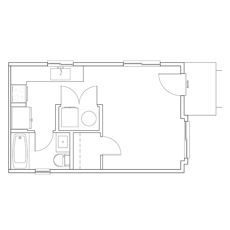 Rendering of the S1 floor plan with a Studio bedroom and 1 bathroom[s] at Cottages on the Boulevard