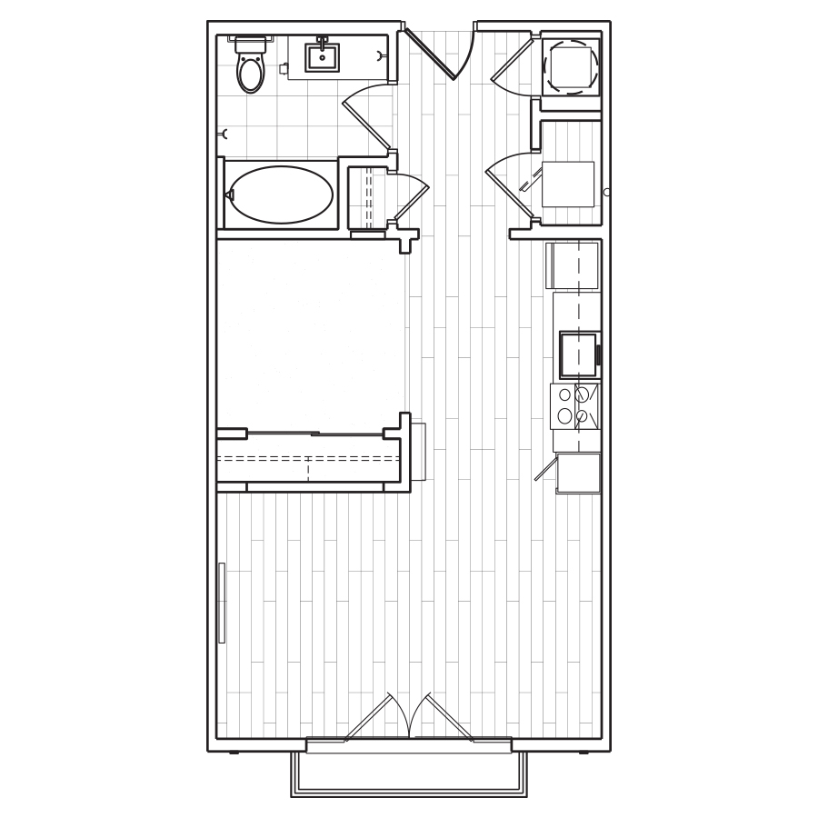 Rendering of the S2 floor plan with a Studio bedroom and 1 bathroom[s] at The Locale