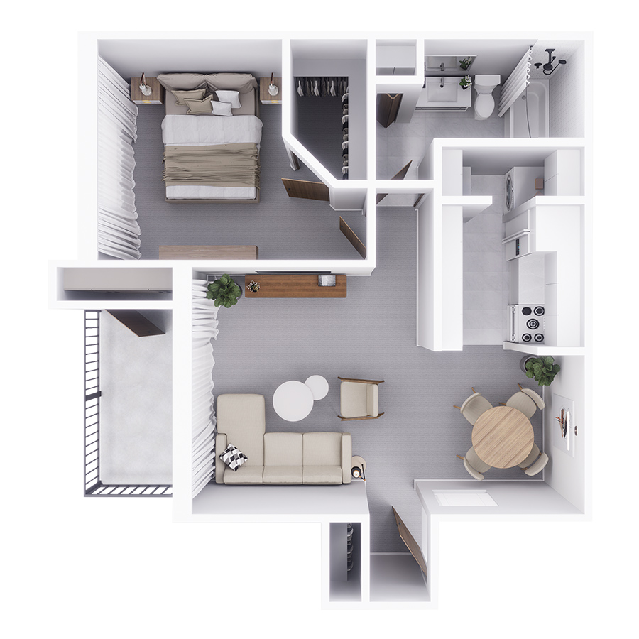 Rendering of the 1 floor plan with 1 bedroom[s] and 1 bathroom[s] at Mountain Village