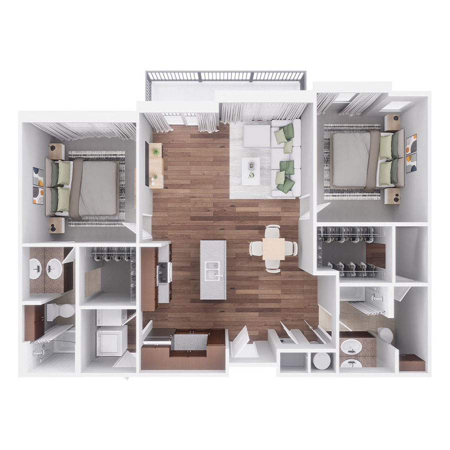 Rendering of the G floor plan with 2 bedroom[s] and 2 bathroom[s] at Village at Mission Farms