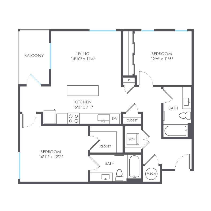 Rendering of the Herringbone floor plan with 2 bedroom[s] and 2 bathroom[s] at Arte Kansas City