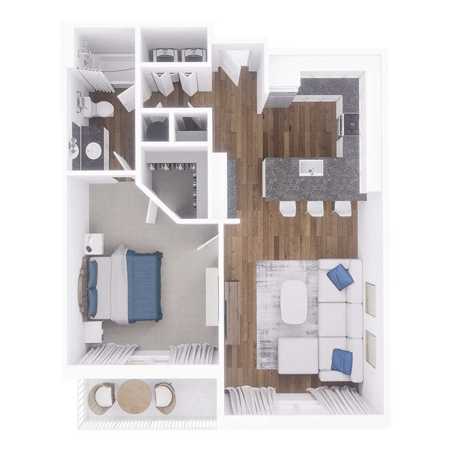 Rendering of the Avalon floor plan with 1 bedroom[s] and 1 bathroom[s] at Village West
