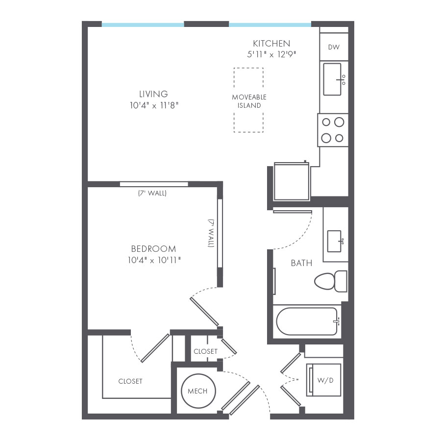 Rendering of the Pop floor plan with a Studio bedroom and 1 bathroom[s] at Arte Kansas City