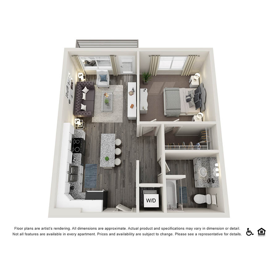 Rendering of the A3 floor plan with 1 bedroom[s] and 1 bathroom[s] at Copper 87