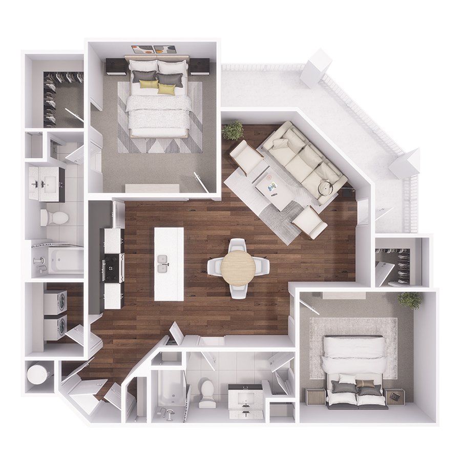 Rendering of the B2 floor plan with 2 bedroom[s] and 2 bathroom[s] at Residence at Old Hickory Lake