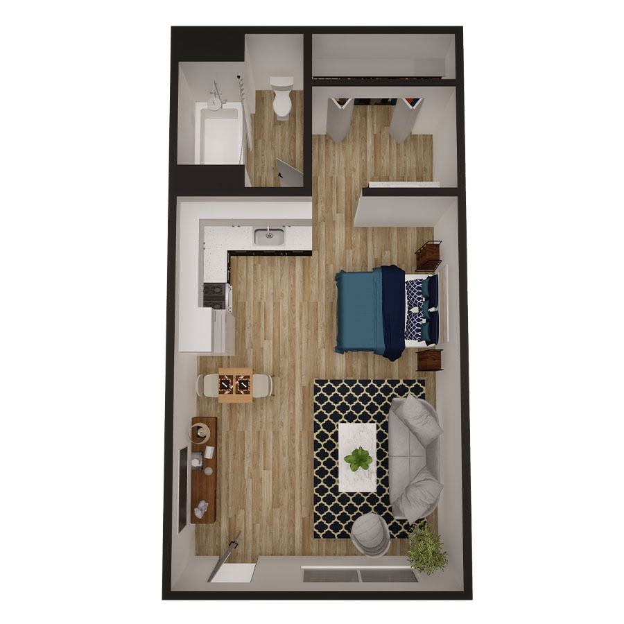 Rendering of the Coronado floor plan with a Studio bedroom and 1 bathroom[s] at Omnia on Thomas
