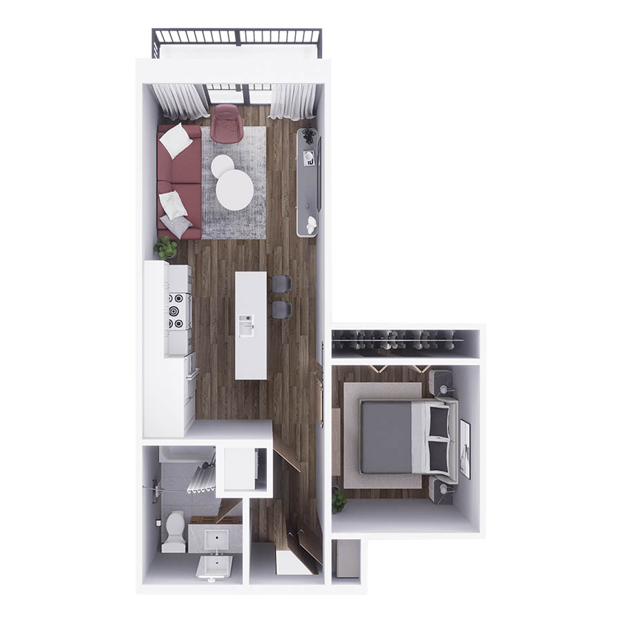 Rendering of the S2 floor plan with a Studio bedroom and 1 bathroom[s] at 29x