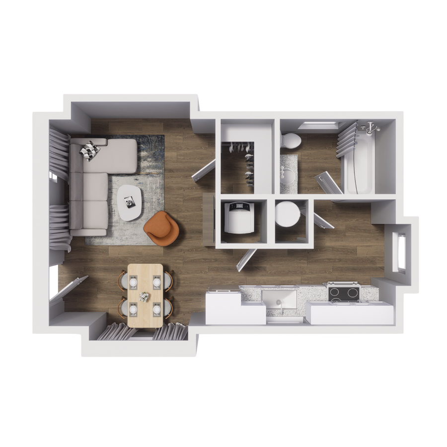 Rendering of the S3 floor plan with a Studio bedroom and 1 bathroom[s] at Cottages at Abbott Station