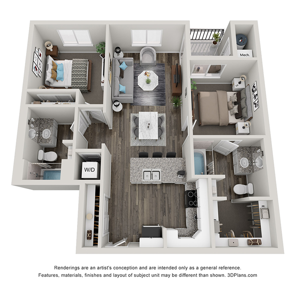 Rendering of the B2 floor plan with 2 bedroom[s] and 2 bathroom[s] at The Flats at Aero Park