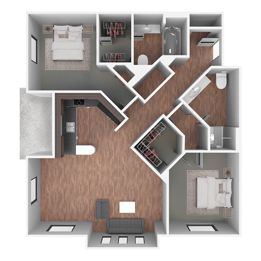 Rendering of the Pearl Street floor plan with 2 bedroom[s] and 2 bathroom[s] at Centre Court