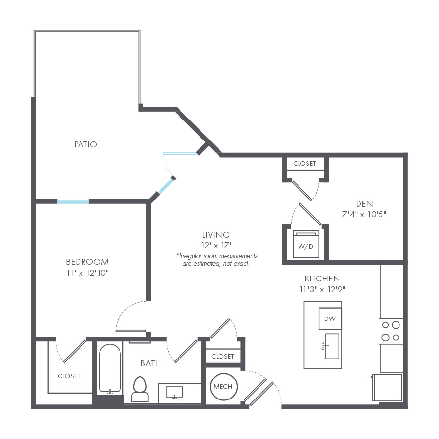 Rendering of the Rococo floor plan with 1 bedroom[s] and 1 bathroom[s] at Arte Kansas City