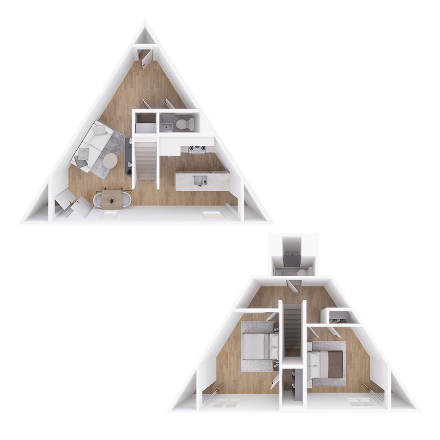 Rendering of the T2 floor plan with 2 bedroom[s] and 1.5 bathroom[s] at Tempe Vista