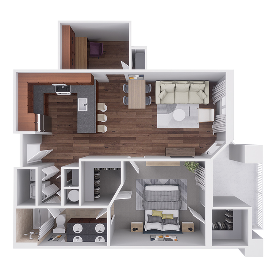 Rendering of the B1 - 1 Bed with Study floor plan with 1 bedroom[s] and 1 bathroom[s] at Highlands Lodge