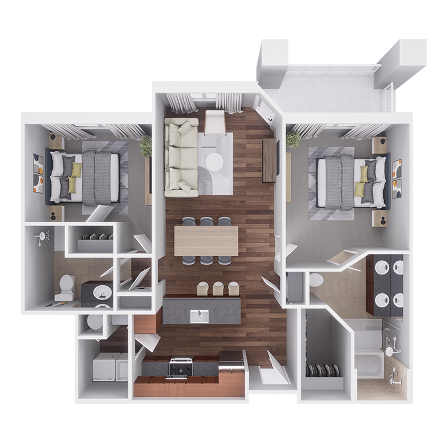 Rendering of the C2 floor plan with 2 bedroom[s] and 2 bathroom[s] at Highlands Lodge
