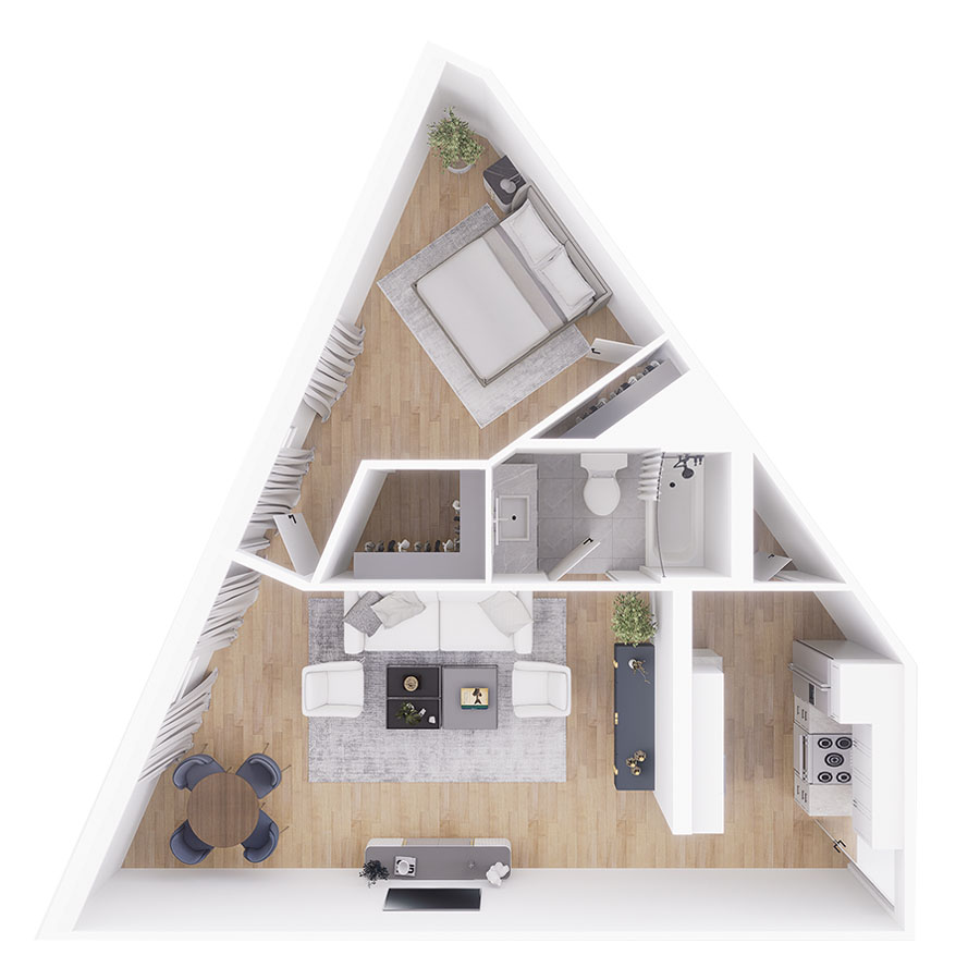Rendering of the A2 floor plan with 1 bedroom[s] and 1 bathroom[s] at Tempe Vista