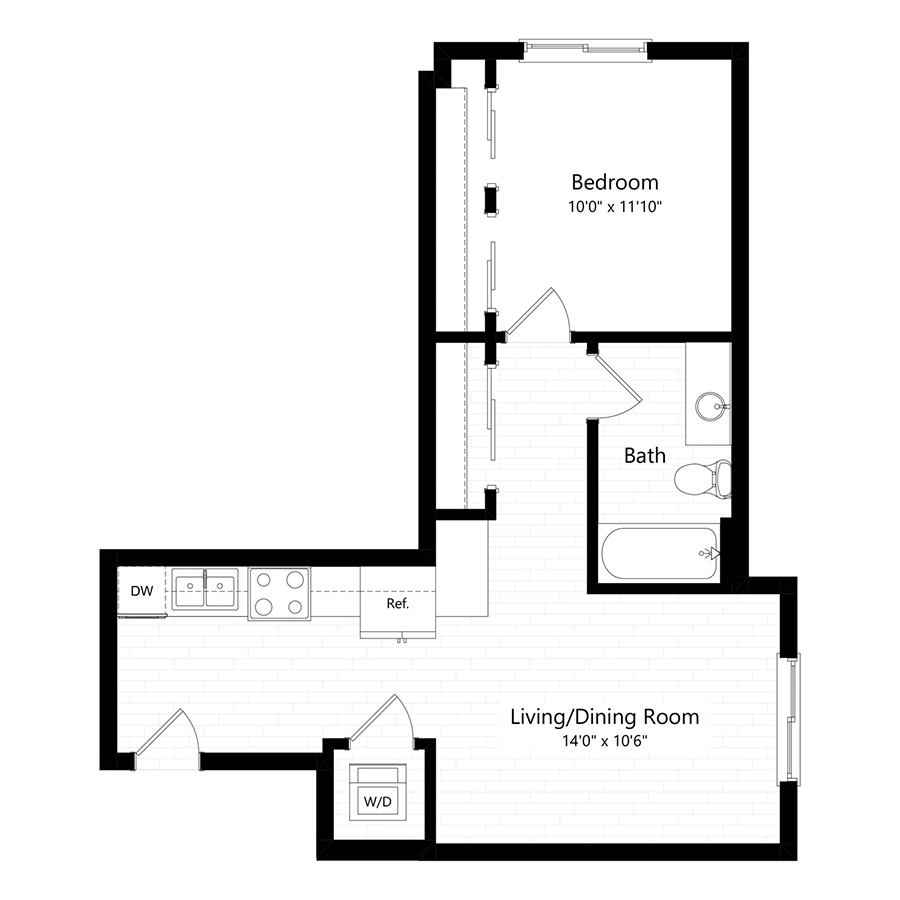 Rendering of the A1 floor plan with 1 bedroom[s] and 1 bathroom[s] at The Preserve at Mesa Creek