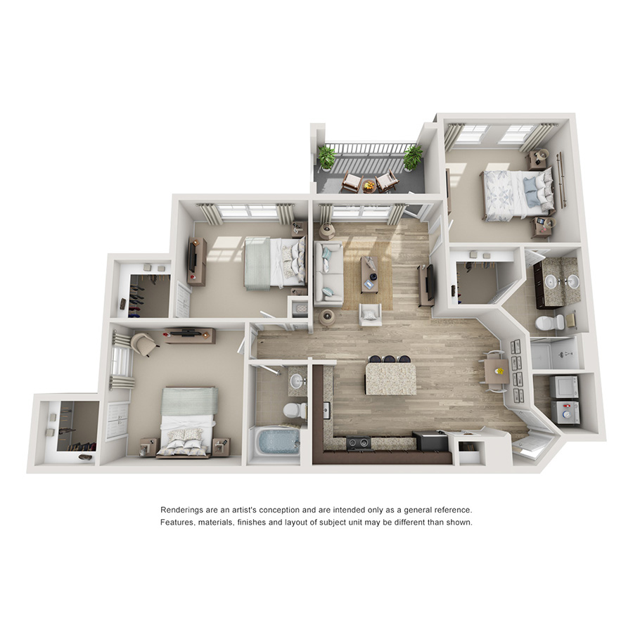 Rendering of the C1 floor plan with 3 bedroom[s] and 2 bathroom[s] at The Point at Bella Grove