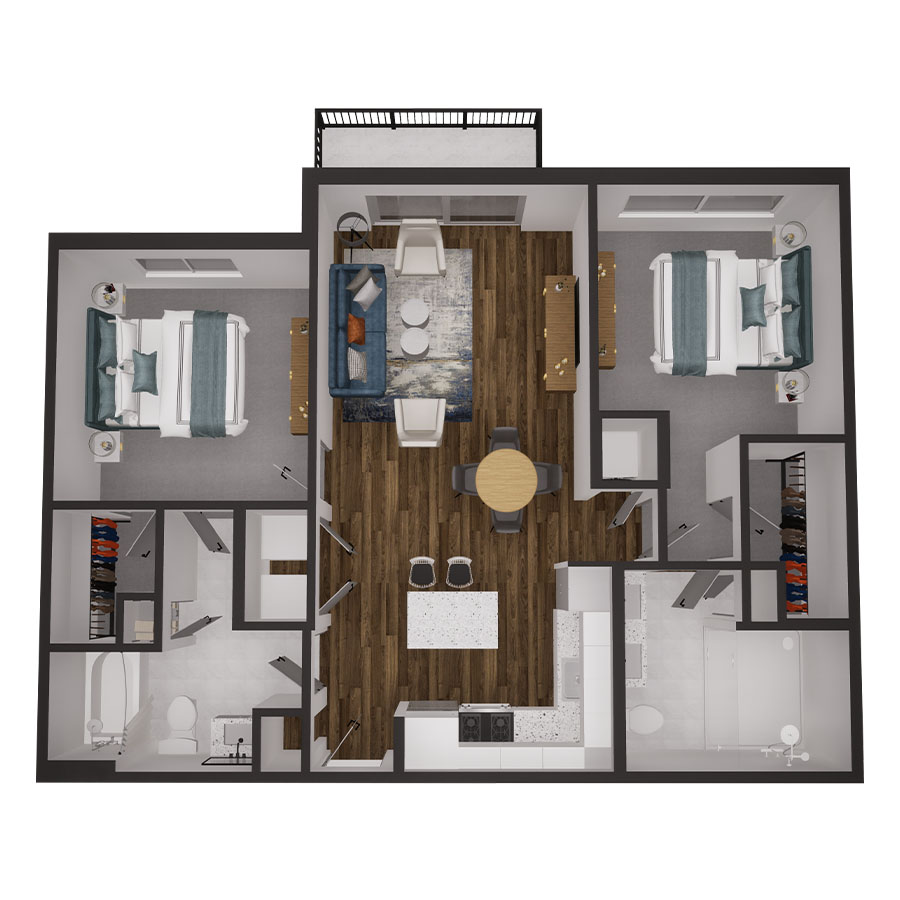Rendering of the 2B floor plan with 2 bedroom[s] and 2 bathroom[s] at 500 Ocean