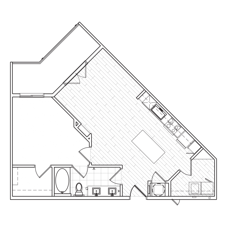 Rendering of the A5 floor plan with 1 bedroom[s] and 1 bathroom[s] at The Locale