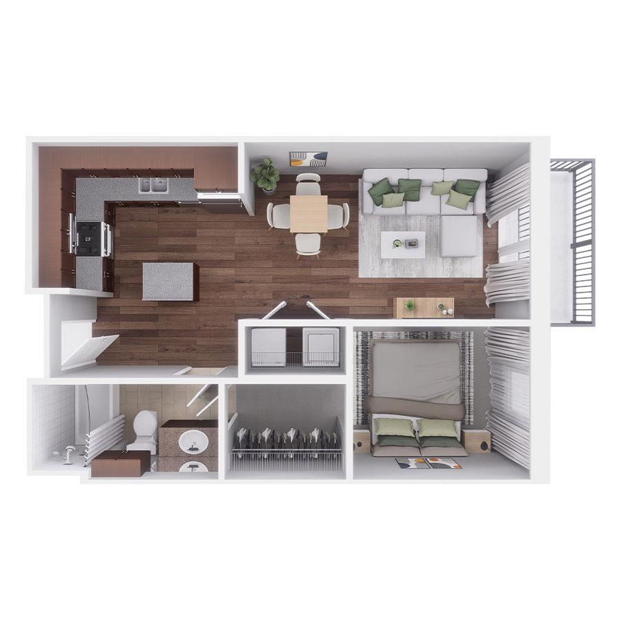 Rendering of the B floor plan with a Studio bedroom and 1 bathroom[s] at Village at Mission Farms