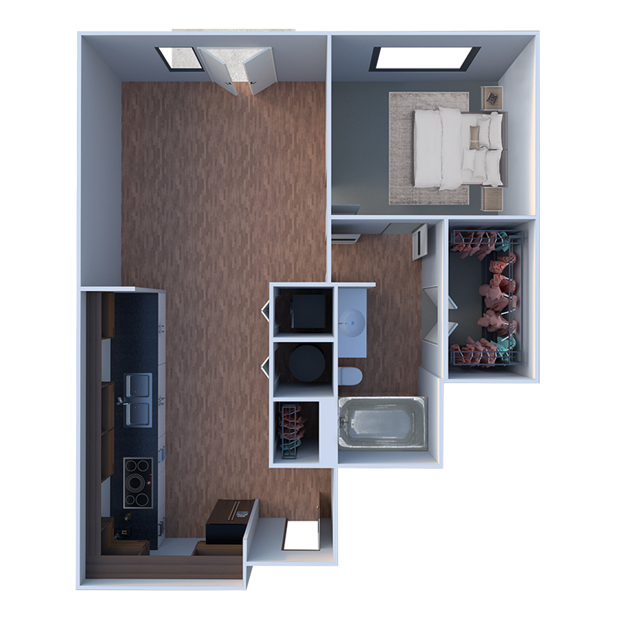 Rendering of the A Tre floor plan with 1 bedroom[s] and 1 bathroom[s] at Forum Fitzsimons
