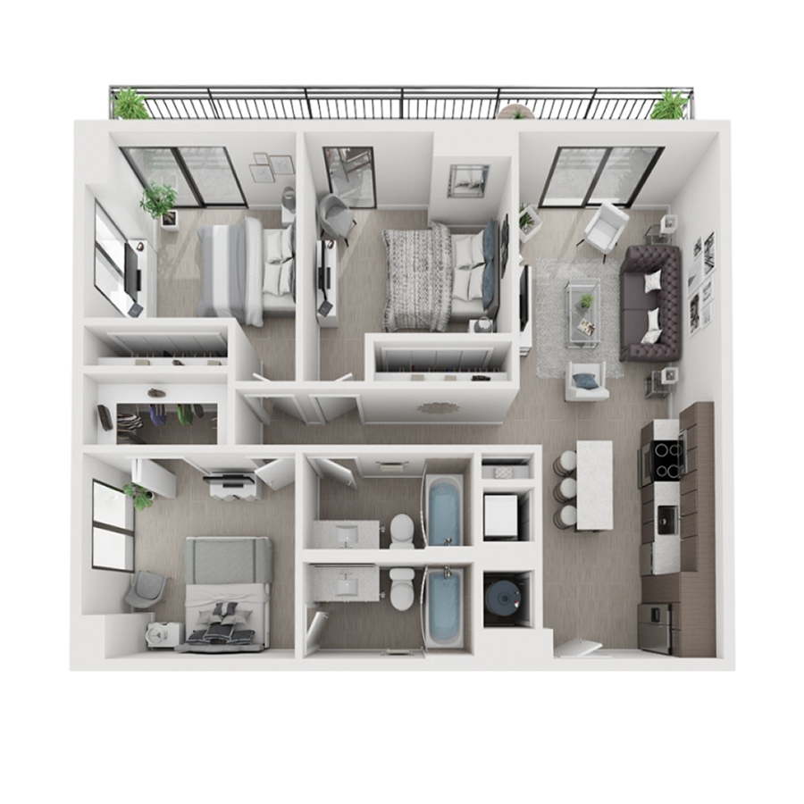 Rendering of the C2 floor plan with 3 bedroom[s] and 2 bathroom[s] at Arte Grand Central Overtown
