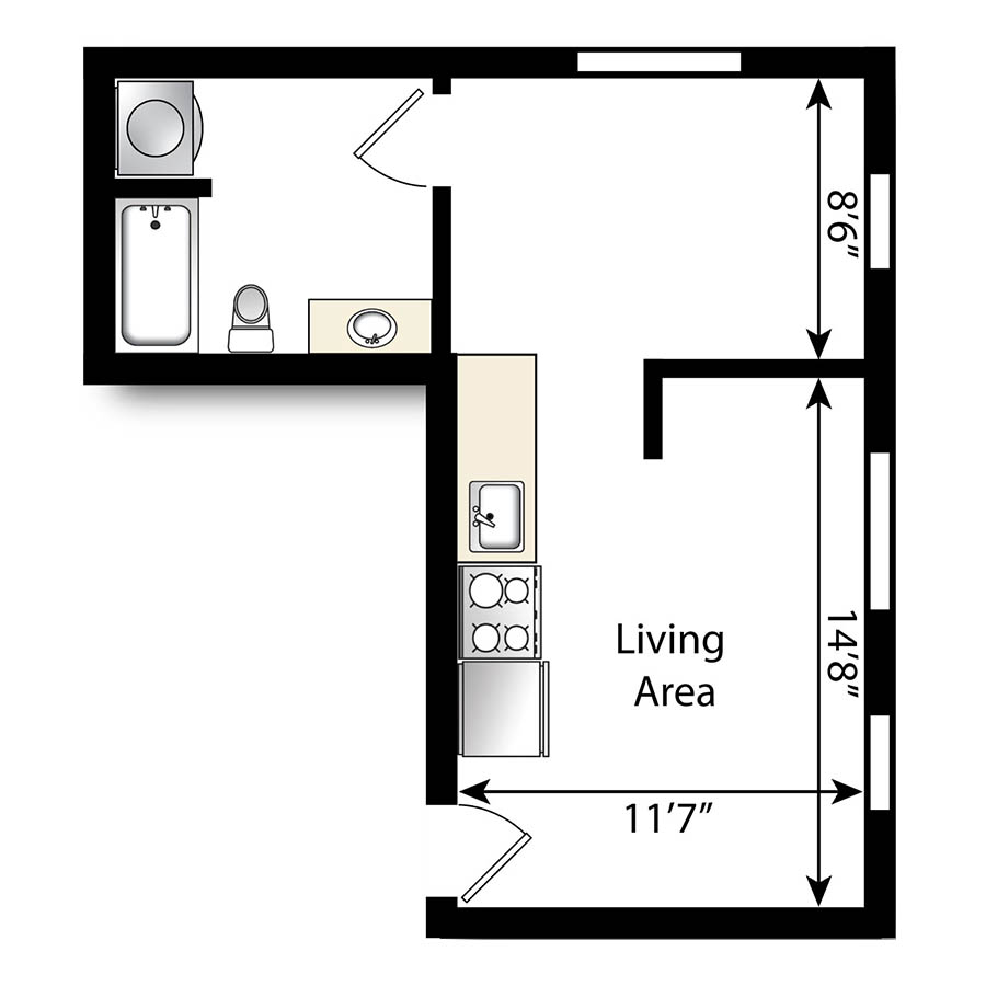 Rendering of the Studio, 1 Bathroom S12 floor plan with a Studio bedroom and 1 bathroom[s] at The Economist