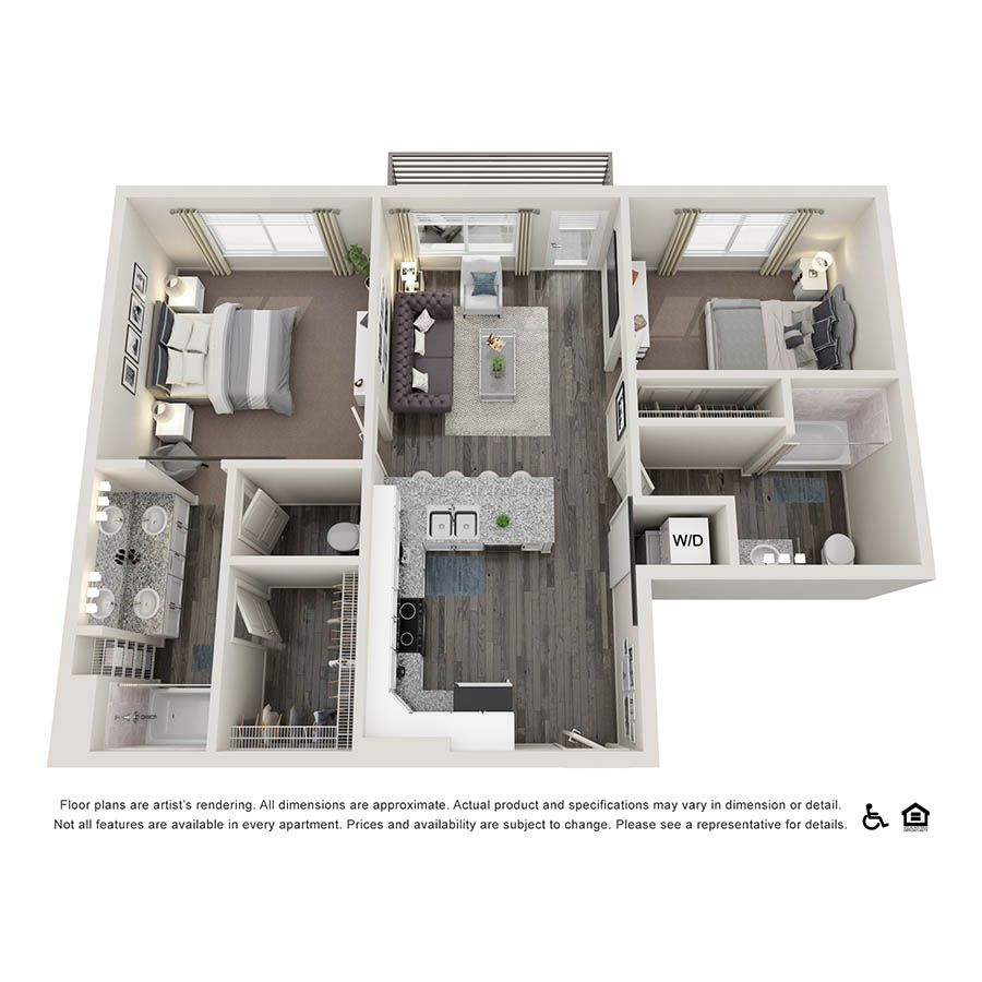 Rendering of the B2 floor plan with 2 bedroom[s] and 2 bathroom[s] at Copper 87