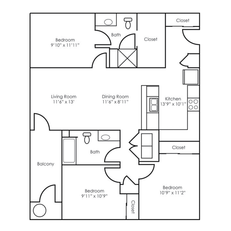 Rendering of the C1 floor plan with 3 bedroom[s] and 2 bathroom[s] at The Retreat at Patriot Park