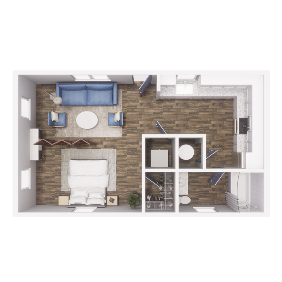Rendering of the S1 floor plan with a Studio bedroom and 1 bathroom[s] at Cottages at Torin Point
