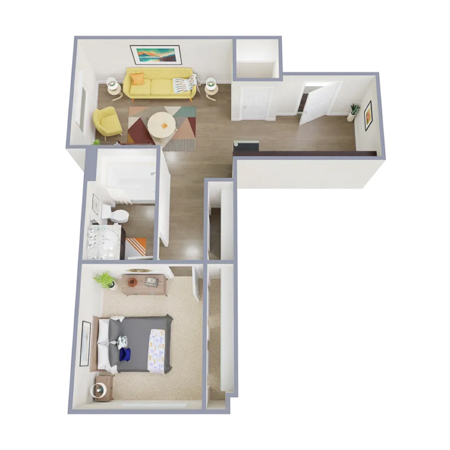 Rendering of the A1 floor plan with 1 bedroom[s] and 1 bathroom[s] at Marq at Monument Ridge