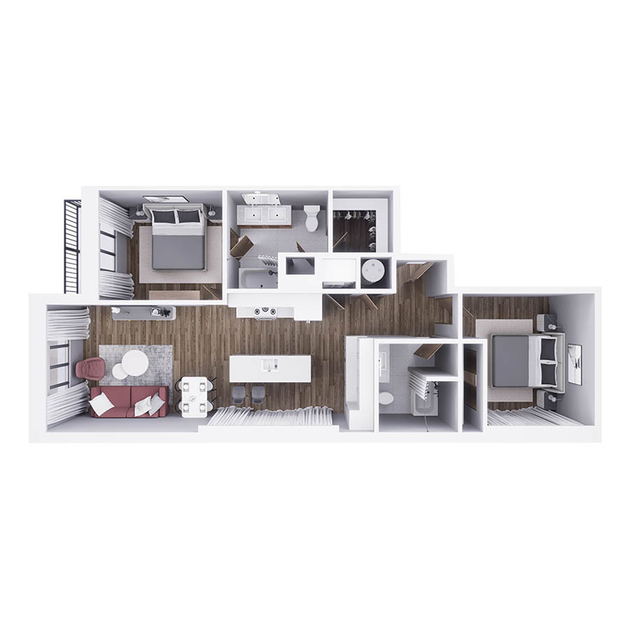 Rendering of the B3 floor plan with 2 bedroom[s] and 2 bathroom[s] at 29x